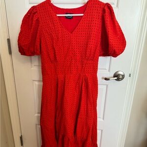 Red eyelet midi dress size L EUC